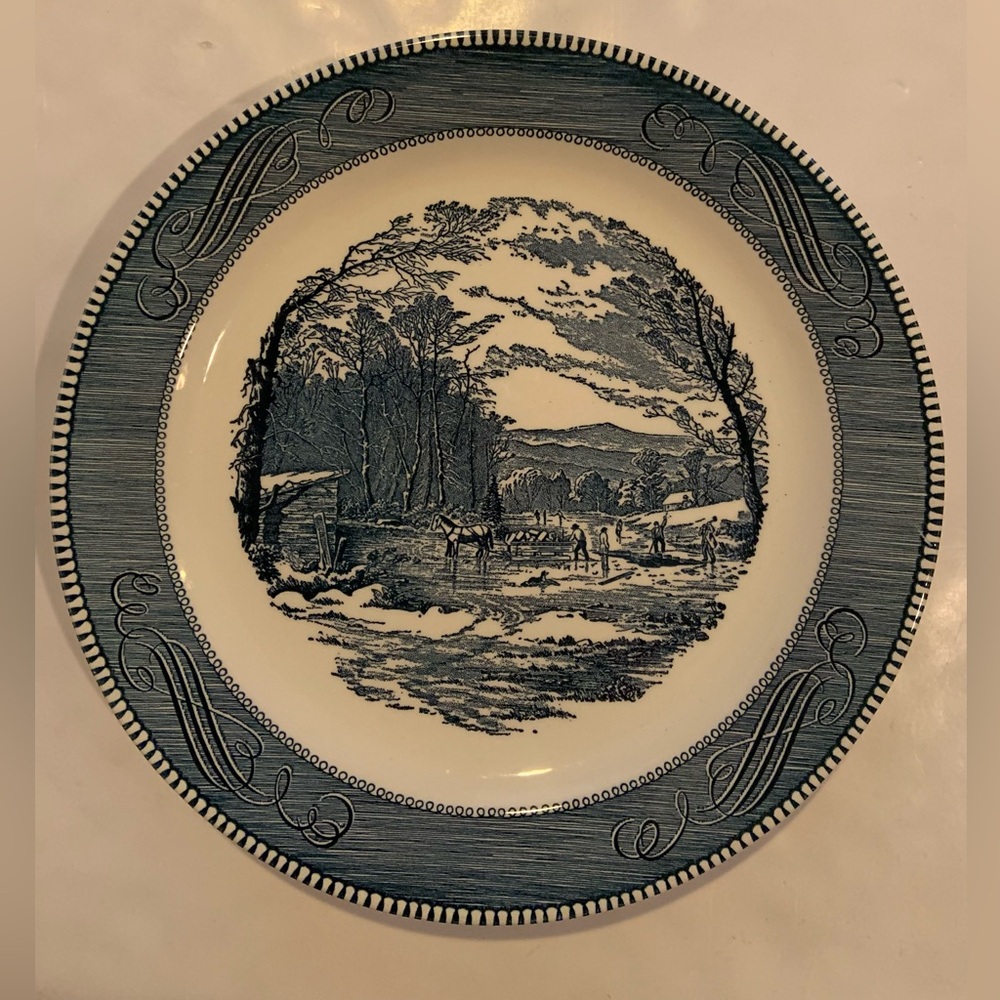Vintage Currier & Ives “Ice Harvest” CHOP Blue & White Serving Plate 12.5”